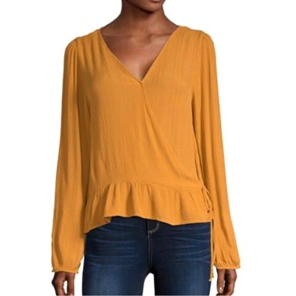 Arizona Jean Co long sleeve mustard yellow wrap top size small NWT - Picture 1 of 8